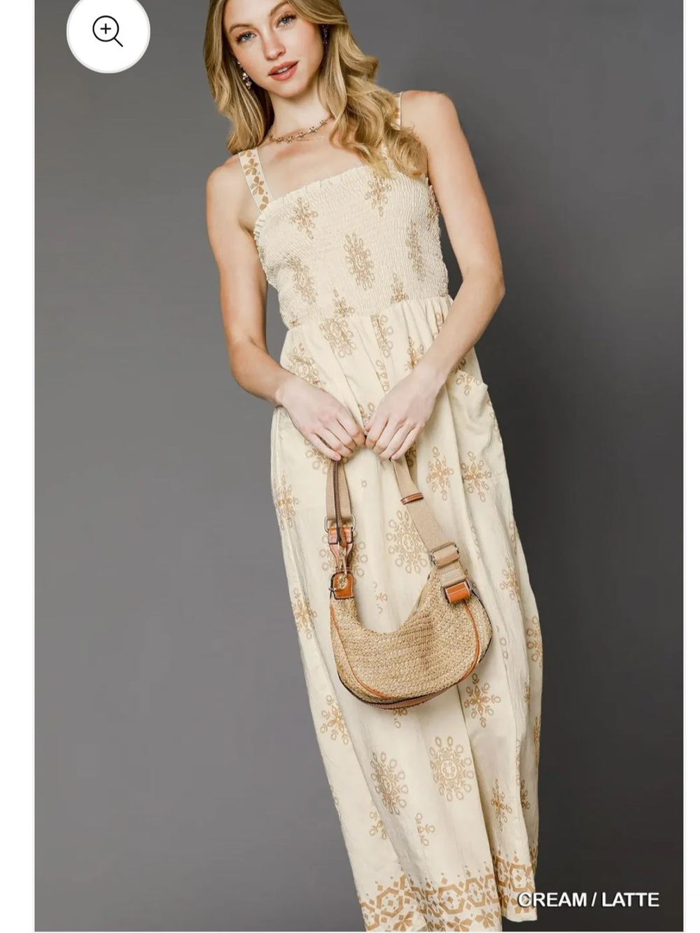 Umgee Smocked Printed Wide Leg Jumpsuit Cream Copper Boho Resort Size M NWT